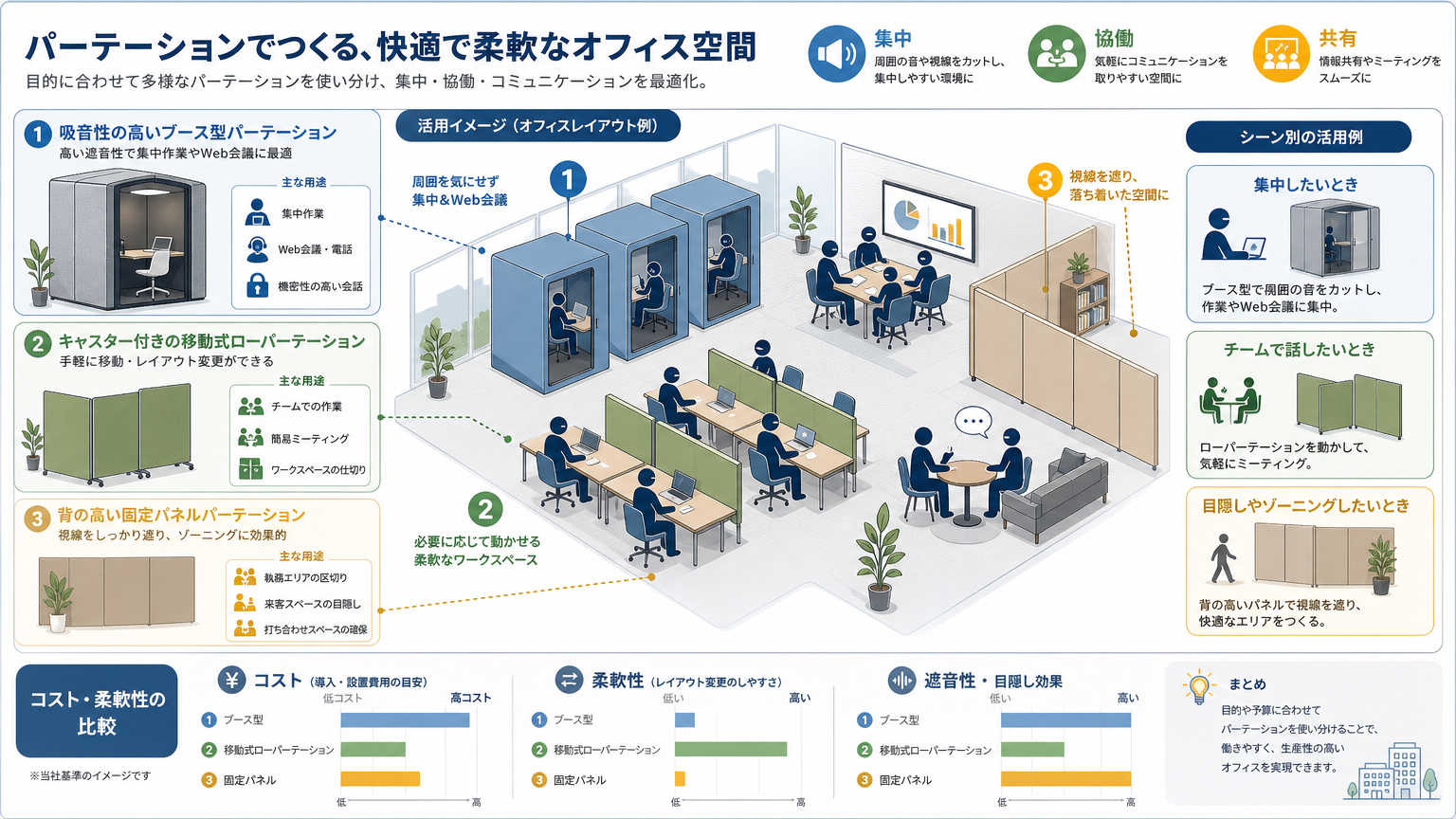 集中と協働のゾーニングを実現するパーテーション活用術